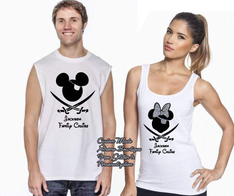 May include: White sleeveless shirts with black graphics. One shirt features a Mickey Mouse head with crossed swords, the other a Minnie Mouse head with a bow, and the text "Jackson Family Cruise".