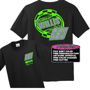 May include: Black t-shirt with a green and silver design featuring the name "Willis Racing" and the number "10".