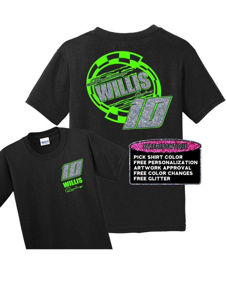 May include: Black t-shirt with a green and silver design featuring the name "Willis Racing" and the number "10".