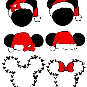 May include: Two black and white Mickey Mouse heads wearing red Santa hats with white trim. Below are two Mickey Mouse outlines made of black Mickey Mouse heads. The outline on the right has a red bow.
