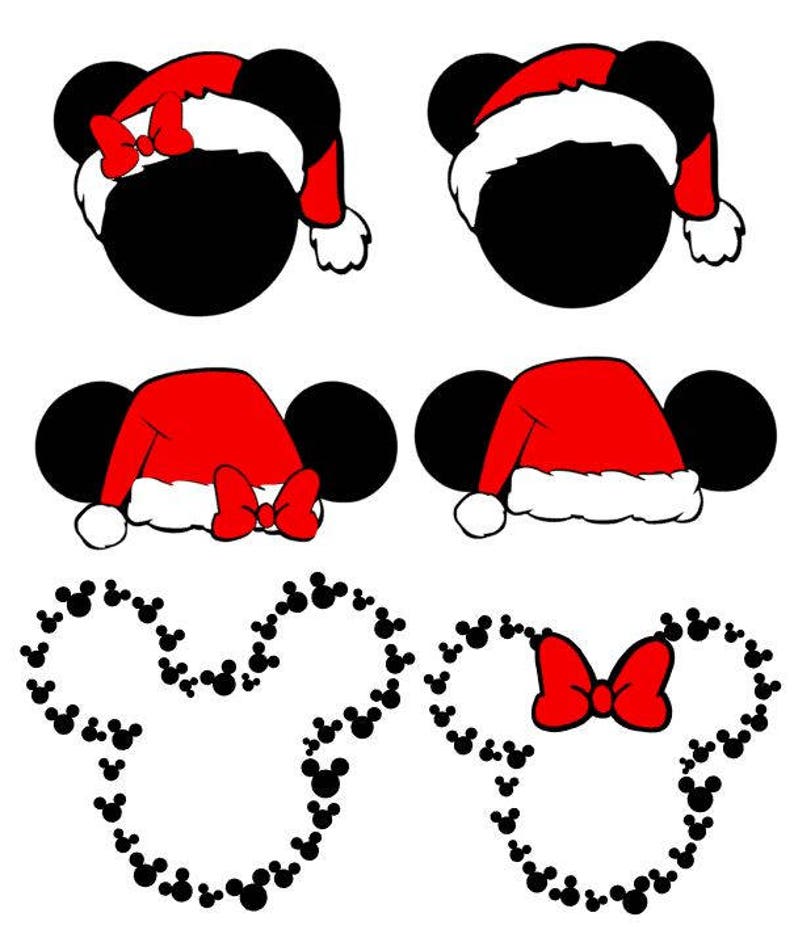 May include: Two black and white Mickey Mouse heads wearing red Santa hats with white trim. Below are two Mickey Mouse outlines made of black Mickey Mouse heads. The outline on the right has a red bow.