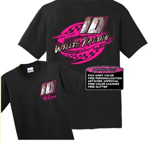 May include: Two black t-shirts with a pink and white design featuring the number 10 and the text "Willis Racing". The smaller shirt has the text "Pit Crew" on the front.