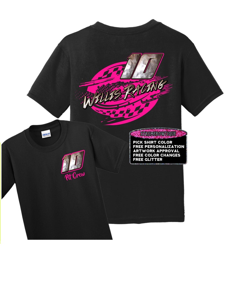May include: Two black t-shirts with a pink and white design featuring the number 10 and the text "Willis Racing". The smaller shirt has the text "Pit Crew" on the front.