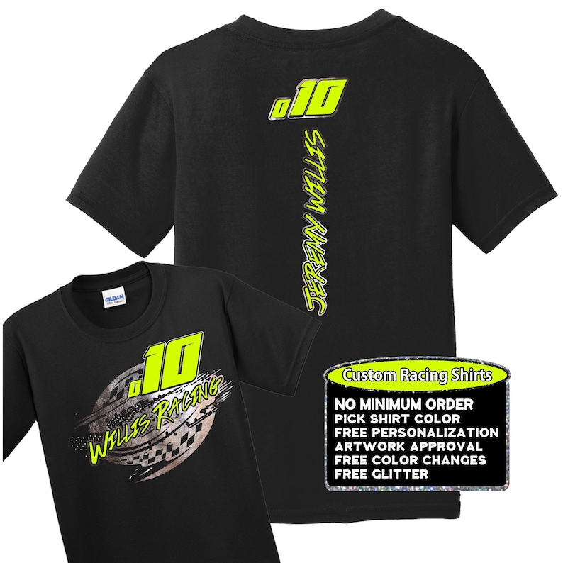 May include: Two black t-shirts with a yellow and white design. The front of the shirt has a graphic of a race car with the text "Wallis Racing" and the number "10". The back of the shirt has the text "Jeremy Willis" and the number "10". The shirt also has a tag that says "Custom Racing Shirts" with the following text: "No Minimum Order, Pick Shirt Color, Free Personalization, Artwork Approval, Free Color Changes, Free Glitter."