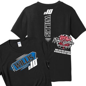 K&ouml;nnte beinhalten: Zwei schwarze T-Shirts mit einem wei&szlig;en und blauen Design mit dem Namen "Willis" und der Nummer "10". Die R&uuml;ckseite eines Shirts tr&auml;gt den Namen "Willis" und die Nummer "10" in Wei&szlig; mit dem Text "Kreme Boutique 903-654-8023 ITS OK TO ORDER 1 SHIRT FROM US!!" in Wei&szlig;.