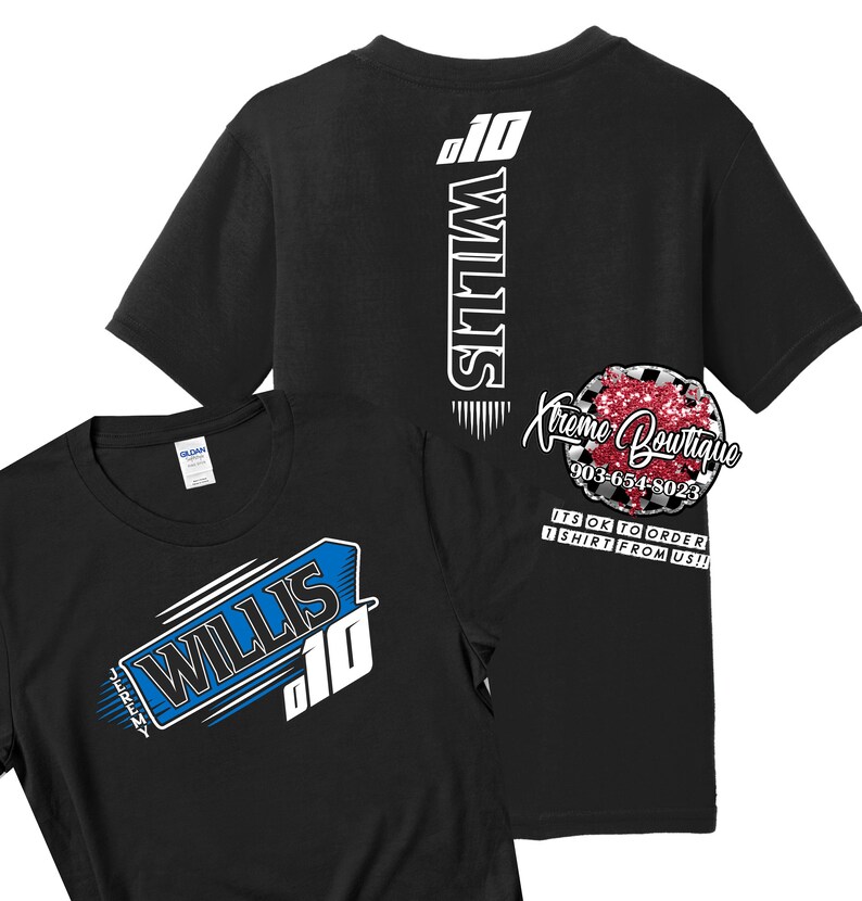 K&ouml;nnte beinhalten: Zwei schwarze T-Shirts mit einem wei&szlig;en und blauen Design mit dem Namen "Willis" und der Nummer "10". Die R&uuml;ckseite eines Shirts tr&auml;gt den Namen "Willis" und die Nummer "10" in Wei&szlig; mit dem Text "Kreme Boutique 903-654-8023 ITS OK TO ORDER 1 SHIRT FROM US!!" in Wei&szlig;.