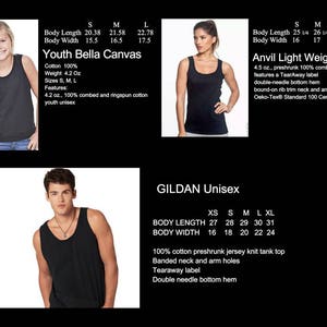 May include: Black tank tops from Youth Bella Canvas, Anvil Light Weight Tank, and Gildan Unisex brands. The image shows the tank tops on models, with size charts and product details. The Youth Bella Canvas tank top is 20.38 inches long, and the Gildan Unisex tank top is 27 inches long.