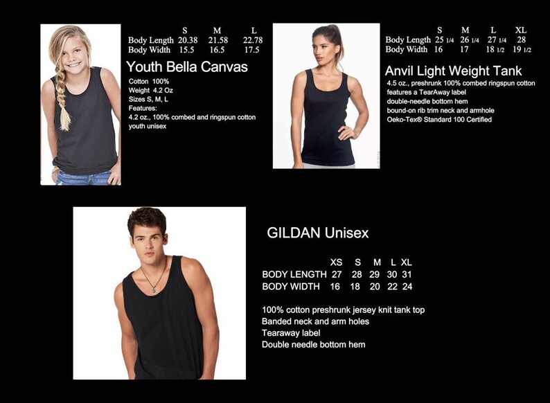 May include: Black tank tops from Youth Bella Canvas, Anvil Light Weight Tank, and Gildan Unisex brands. The image shows the tank tops on models, with size charts and product details. The Youth Bella Canvas tank top is 20.38 inches long, and the Gildan Unisex tank top is 27 inches long.
