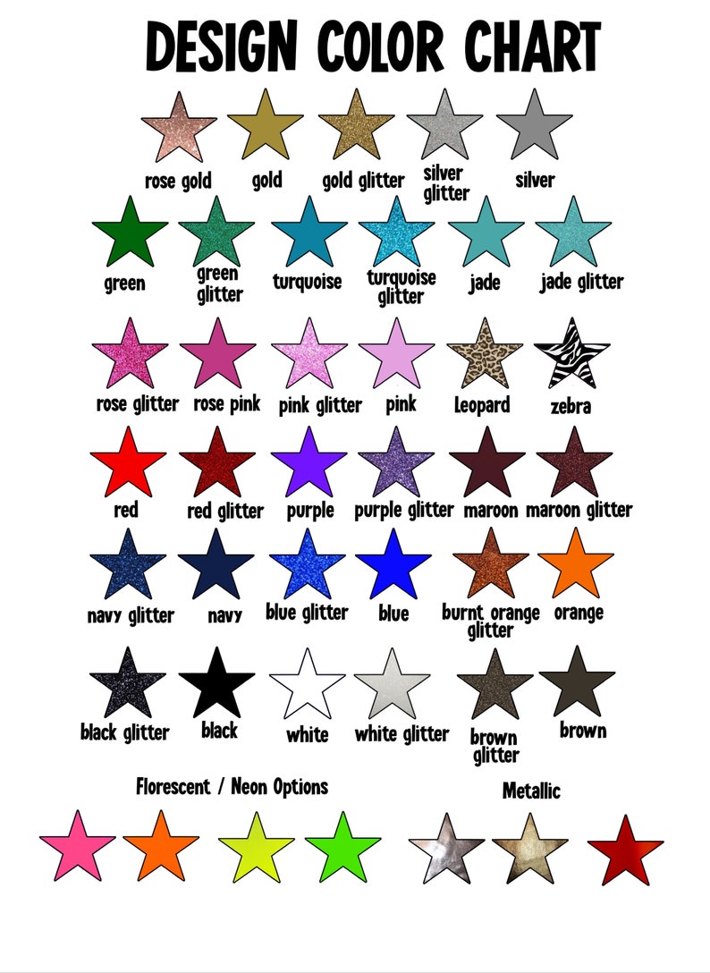 Puede incluir: Una tabla de colores de dise&ntilde;o con formas de estrella en varios colores y acabados, incluyendo purpurina, met&aacute;licos y ne&oacute;n. La tabla incluye colores como oro rosa, verde, rojo y azul, con el texto "DESIGN COLOR CHART" en la parte superior.