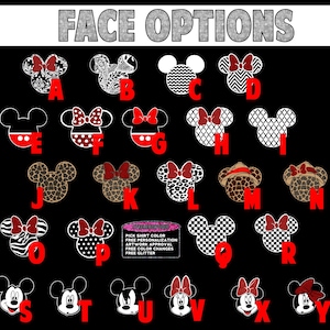 Puede incluir: Un gr&aacute;fico con 21 opciones diferentes de cara de Mickey Mouse para un dise&ntilde;o personalizado de camiseta. Las opciones incluyen diferentes patrones, colores y estilos. El texto en el gr&aacute;fico dice "FACE OPTIONS" y "ELEGIR COLOR DE CAMISETA PERSONALIZACI&Oacute;N GRATUITA APROBACI&Oacute;N DE LA OBRA DE ARTE CAMBIOS DE COLOR GRATIS BRILLO GRATIS".