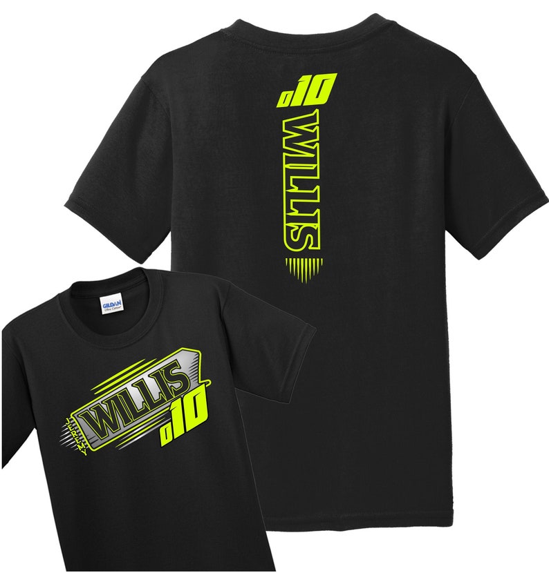 May include: Black t-shirt with a yellow graphic of the name "Willis" and the number "10" on the front. The back of the shirt has a vertical yellow graphic of the name "Willis" and the number "10".