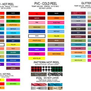 May include: A chart showing different colors and patterns for heat transfer vinyl. The chart includes PU hot peel, PVC cold peel, glitter, pattern hot peel, and foil. The chart also includes instructions for each type of vinyl, such as the temperature to use and whether or not to layer the vinyl.