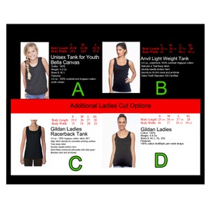 May include: A chart comparing different tank top styles for youth and adults. The chart includes measurements for each size and style, as well as details about the fabric and features. The chart includes the following brands: Bella Canvas, Anvil, and Gildan.