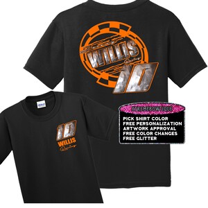 May include: Black t-shirt with a silver and orange design featuring the text "Jerry Willis Racing" and the number "10".
