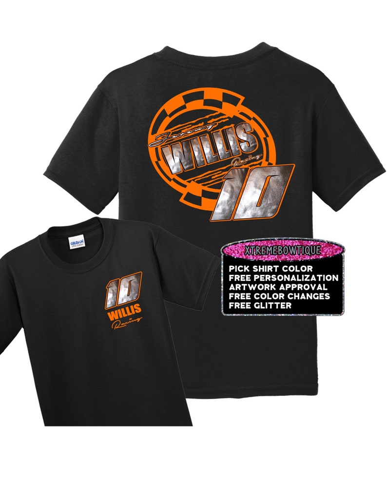May include: Black t-shirt with a silver and orange design featuring the text "Jerry Willis Racing" and the number "10".