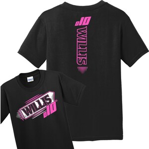 May include: Black t-shirt with a pink graphic design featuring the name "Willis" and the number "10". The design is on the front of the shirt and the back of the shirt has the name "Willis" vertically down the back with the number "10" at the top.