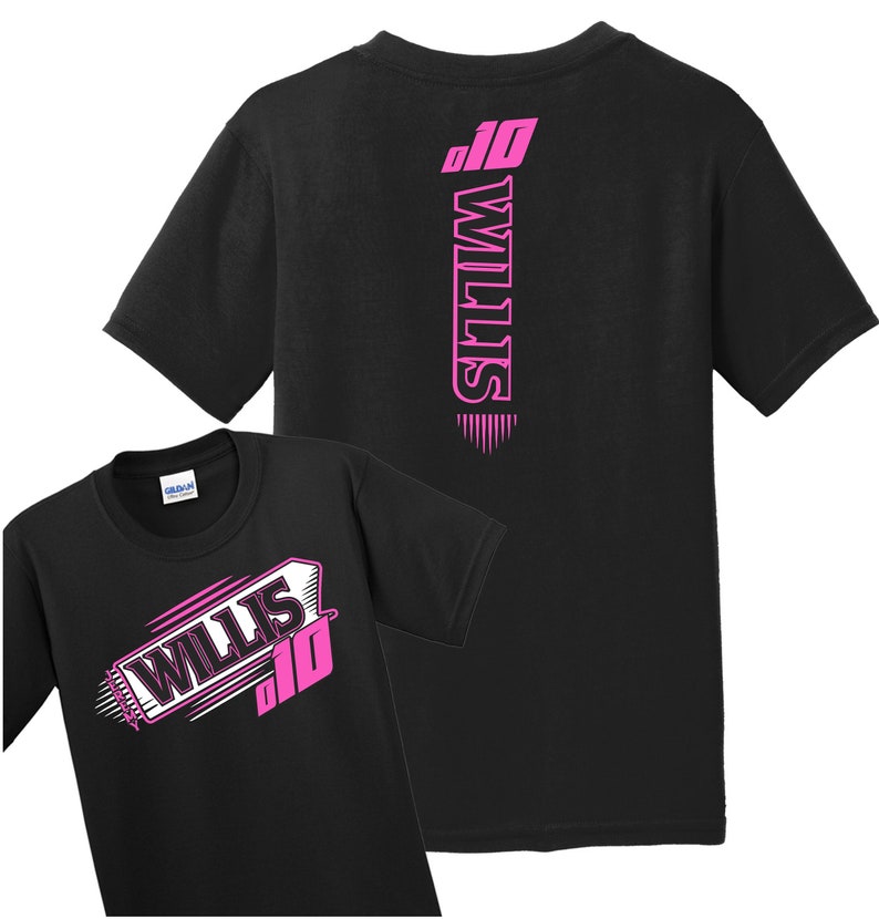 May include: Black t-shirt with a pink graphic design featuring the name "Willis" and the number "10". The design is on the front of the shirt and the back of the shirt has the name "Willis" vertically down the back with the number "10" at the top.