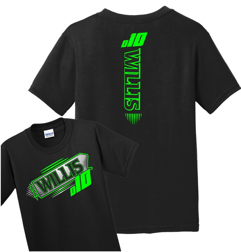May include: Black t-shirt with a green graphic design featuring the name "Willis" and the number "10". The back of the shirt has the name "Willis" vertically down the back with the number "10" at the top.