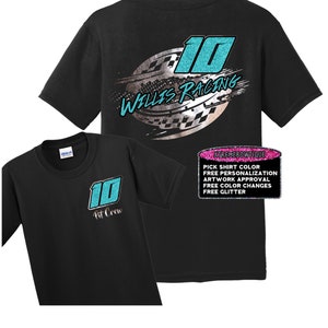 May include: Black t-shirt with a silver and turquoise design featuring the number 10 and the text "Wallis Racing". The shirt also has the text "Pit Crew" and the number 10 in turquoise.