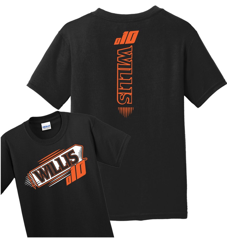 May include: Black t-shirt with an orange graphic design on the front and back. The front design features the name "WILLIS" and the number "10" in a stylized font. The back design features the name "WILLIS" vertically with the number "10" at the top.
