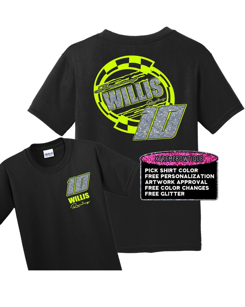 May include: Black t-shirt with a silver and neon green design featuring the text "Willis Racing" and the number "10". The back of the shirt has a larger version of the design. The shirt is available for customization with free personalization, artwork approval, color changes, and glitter.