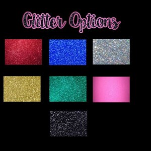 May include: A selection of glitter colors for crafting projects. The colors include red, blue, gold, green, pink, and black.