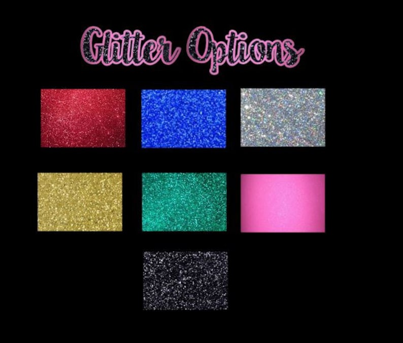 May include: A selection of glitter colors for crafting projects. The colors include red, blue, gold, green, pink, and black.
