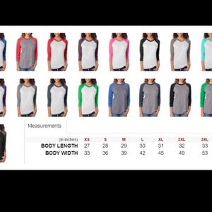 May include: A size chart for a baseball tee shirt in various colors. The chart shows the body length and body width in inches for sizes XS to 3XL.