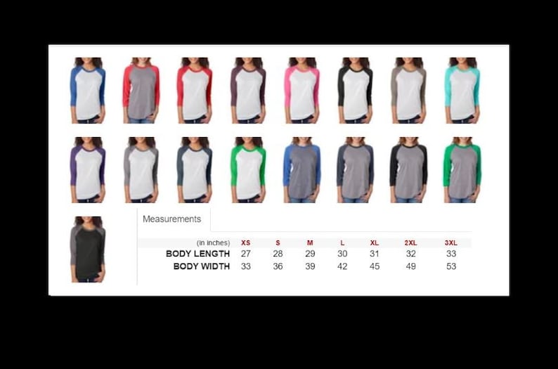 May include: A size chart for a baseball tee shirt in various colors. The chart shows the body length and body width in inches for sizes XS to 3XL.