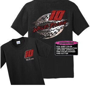 May include: Two black t-shirts with red glitter designs. The larger shirt has the number 10 and the words "Wallis Racing" on the back. The smaller shirt has the number 10 and the words "Pit Crew" on the front. A pink and white label on the larger shirt says "XTREMEBOWTIQUE" and lists customization options.
