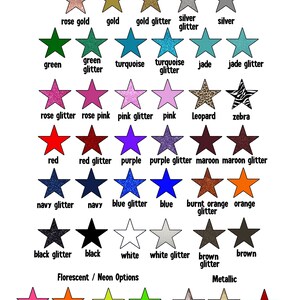May include: Colour chart with a variety of colours and glitter options for design projects.  Colours include rose gold, gold, green, turquoise, jade, rose pink, pink, red, purple, maroon, navy, blue, black, white, brown, orange, and leopard and zebra prints.  The chart also includes fluorescent and neon options.