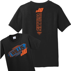 May include: Black t-shirt with an orange and blue graphic design featuring the name "Willis" and the number "10".