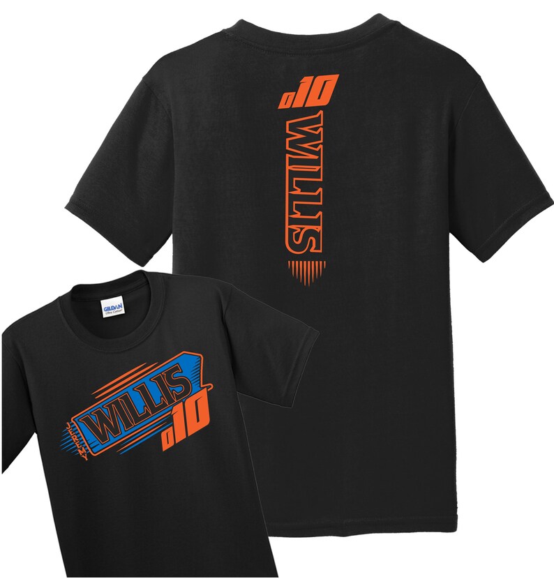 May include: Black t-shirt with an orange and blue graphic design featuring the name "Willis" and the number "10".