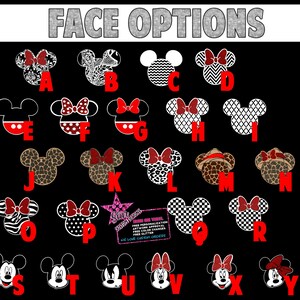 May include: A chart with 24 different Mickey Mouse face options, labeled with letters A through Y. The faces are in black and white, with red accents. The chart is on a black background.