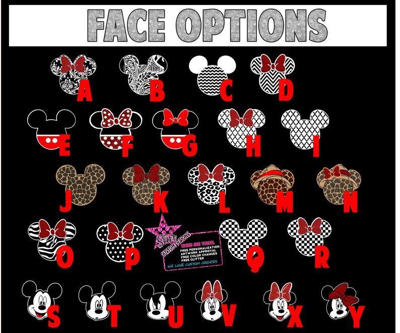 May include: A chart with 24 different Mickey Mouse face options, labeled with letters A through Y. The faces are in black and white, with red accents. The chart is on a black background.
