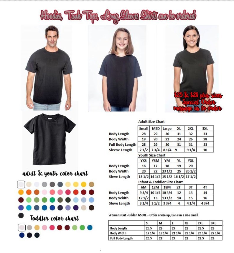 May include: A size chart for adult and youth t-shirts. The chart shows the measurements for body length, body width, full body length, and sleeve length in inches. The chart also includes a color chart for adult and youth t-shirts.