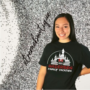 May include: Black t-shirt with a white silhouette of Cinderella's castle with a red bow and the text "2021 Anderson Family Vacation".
