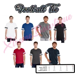 May include: Seven different color t-shirts with white stripes on the sleeves. The t-shirts are available in sizes S, M, L, XL, and 2XL. The size chart shows the body length, body width, and sleeve length in inches.