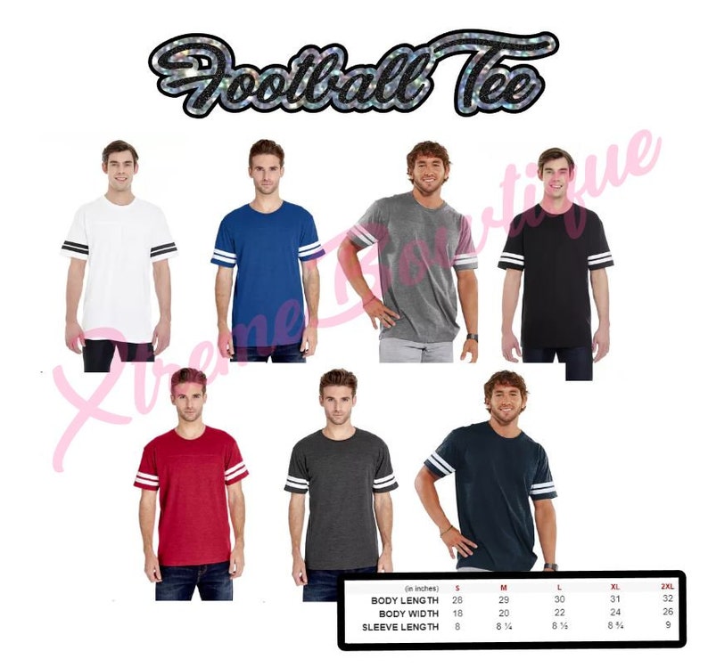 May include: Seven different color t-shirts with white stripes on the sleeves. The t-shirts are available in sizes S, M, L, XL, and 2XL. The size chart shows the body length, body width, and sleeve length in inches.