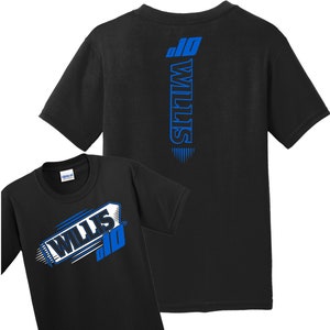 May include: Black t-shirt with a blue and white graphic of the name "WILLIS" and the number "10" on the front. The back of the shirt has the name "WILLIS" vertically down the back with the number "10" at the top.