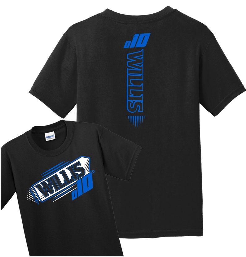 May include: Black t-shirt with a blue and white graphic of the name "WILLIS" and the number "10" on the front. The back of the shirt has the name "WILLIS" vertically down the back with the number "10" at the top.