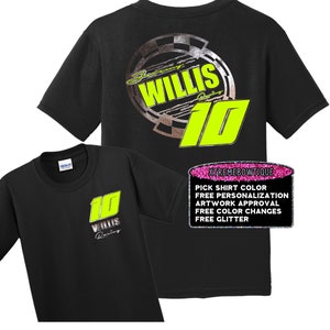 May include: Black t-shirt with a yellow and silver design featuring the name "Willis" and the number "10". The back of the shirt has a larger design with the same elements. The shirt is available for customization with a choice of shirt color, personalization, artwork approval, color changes, and glitter.