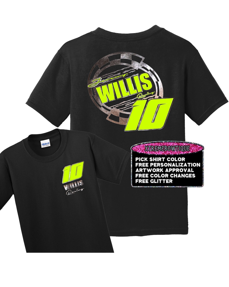 May include: Black t-shirt with a yellow and silver design featuring the name "Willis" and the number "10". The back of the shirt has a larger design with the same elements. The shirt is available for customization with a choice of shirt color, personalization, artwork approval, color changes, and glitter.