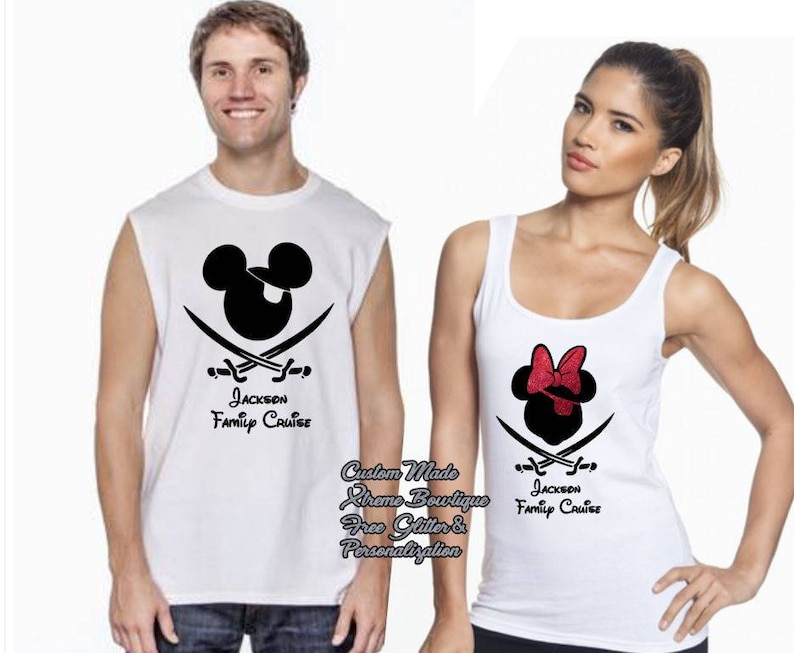 May include: White tank tops with black pirate-themed Mickey and Minnie Mouse designs. The Mickey Mouse design includes a pirate hat and crossed swords, while Minnie Mouse has a red bow. The text "Jackson Family Cruise" is printed below.