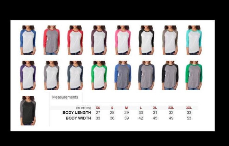 Puede incluir: Se muestran varias camisetas de manga ragl&aacute;n en diferentes colores, como azul, rojo, rosa y verde. Se proporcionan medidas en pulgadas para la longitud y el ancho del cuerpo, desde XS hasta 3XL.