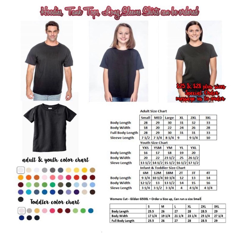 Puede incluir: Una tabla de tallas para sudaderas con capucha, camisetas sin mangas, camisas de manga larga y camisetas. La tabla incluye tallas para adultos, j&oacute;venes y ni&ntilde;os peque&ntilde;os. La tabla tambi&eacute;n incluye una tabla de colores para tallas de adultos y j&oacute;venes, y una tabla de colores separada para tallas de ni&ntilde;os peque&ntilde;os. La tabla est&aacute; impresa en un fondo blanco con texto negro.