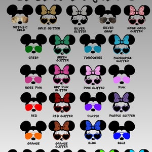 Może przedstawiać: Tabela z opcjami kolor&oacute;w dla płaskich wzor&oacute;w z winylu i brokatu z postacią Myszki Miki i Myszki Minnie. Tabela przedstawia r&oacute;żne kolory uszu, kokardki i okular&oacute;w przeciwsłonecznych. Kolory obejmują złoty metaliczny, brokat złoty, brokat srebrny, srebrny szary, brokat r&oacute;żowo-złoty, zielony, brokat zielony, turkusowy, brokat turkusowy, r&oacute;żowy, brokat r&oacute;żowy, brokat r&oacute;żowy, r&oacute;żowy, czerwony, brokat czerwony, fioletowy, brokat fioletowy, pomarańczowy, brokat pomarańczowy, niebieski, niebieski, ż&oacute;łty, r&oacute;żowy neonowy, ż&oacute;łty neonowy, zielony neonowy i niebieski neonowy.