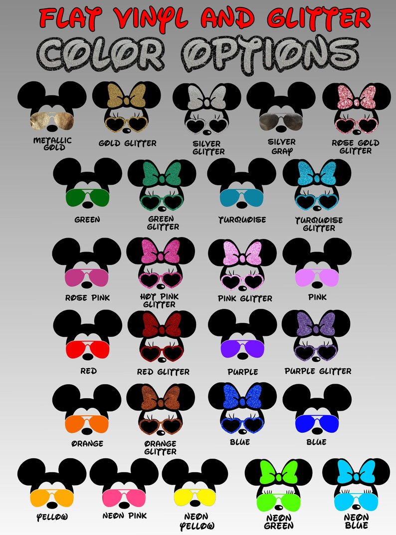 Może przedstawiać: Tabela z opcjami kolor&oacute;w dla płaskich wzor&oacute;w z winylu i brokatu z postacią Myszki Miki i Myszki Minnie. Tabela przedstawia r&oacute;żne kolory uszu, kokardki i okular&oacute;w przeciwsłonecznych. Kolory obejmują złoty metaliczny, brokat złoty, brokat srebrny, srebrny szary, brokat r&oacute;żowo-złoty, zielony, brokat zielony, turkusowy, brokat turkusowy, r&oacute;żowy, brokat r&oacute;żowy, brokat r&oacute;żowy, r&oacute;żowy, czerwony, brokat czerwony, fioletowy, brokat fioletowy, pomarańczowy, brokat pomarańczowy, niebieski, niebieski, ż&oacute;łty, r&oacute;żowy neonowy, ż&oacute;łty neonowy, zielony neonowy i niebieski neonowy.