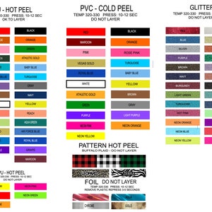 K&ouml;nnte beinhalten: Eine Tabelle mit verschiedenen Farben und Mustern f&uuml;r Transferfolie. Die Tabelle enth&auml;lt PU-Hei&szlig;abziehfolie, PVC-Kaltabziehfolie, Glitterfolie, Musterfolie und Folie. Die Tabelle enth&auml;lt auch Anweisungen f&uuml;r jede Art von Folie, wie z. B. die zu verwendende Temperatur und ob die Folie &uuml;bereinander gelegt werden darf.
