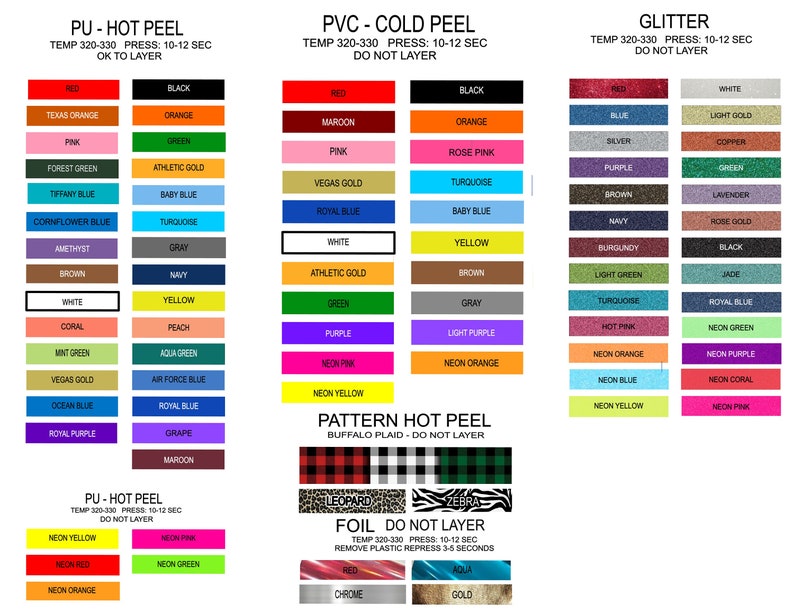 K&ouml;nnte beinhalten: Eine Tabelle mit verschiedenen Farben und Mustern f&uuml;r Transferfolie. Die Tabelle enth&auml;lt PU-Hei&szlig;abziehfolie, PVC-Kaltabziehfolie, Glitterfolie, Musterfolie und Folie. Die Tabelle enth&auml;lt auch Anweisungen f&uuml;r jede Art von Folie, wie z. B. die zu verwendende Temperatur und ob die Folie &uuml;bereinander gelegt werden darf.
